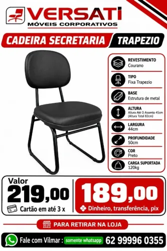 Cadeira fixa secretaria trapezio cor preta ( promoção )