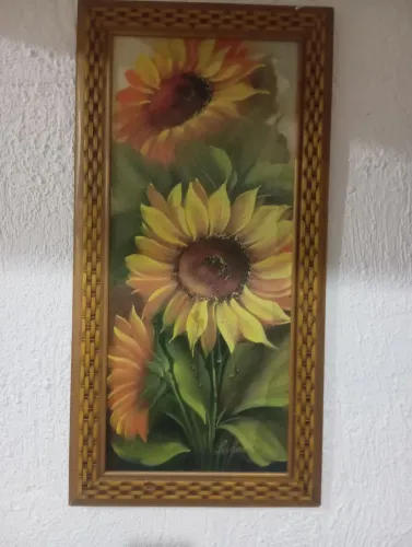 ?Quadro Antigo Óleo sobre Tela Girassóis - Artista Catalogada Ludmila Araújo?.
