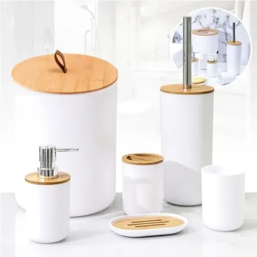 Kit Banheiro Completo 6 Peças com Acabamento em Bambu. Lixeira, Escova Sanitária, Dispense