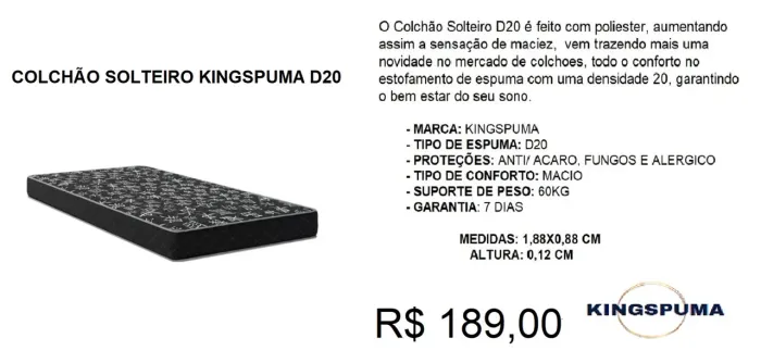 Colchão solteiro D20 - entrega grátis 
