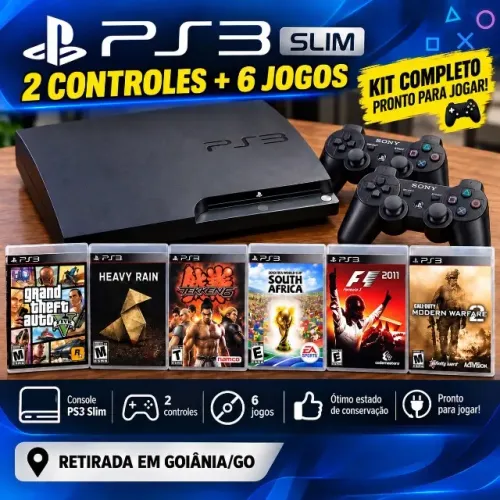 PS3 slim + 2 controles + 6 jogos