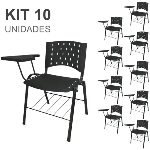 Kit Com Dez Cadeiras Escolares Universitárias Porta Livros E Prancheta Preta 32042