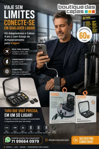 Cabo Carregamento Multifuncional Kaidi 9 em 1 V8 Tipo C iPho CABOS ESTOJO VIAGEM
