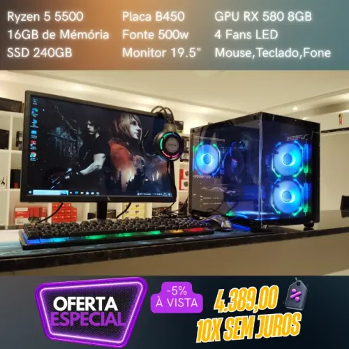 PC Gamer Ryzen 5 5500 16GB RX 580 10X sem Juros