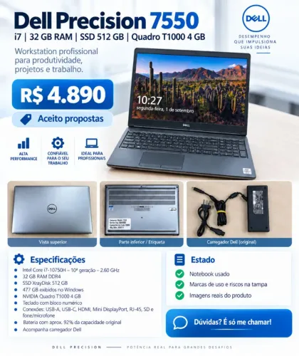Dell Precision 7550 | i7 10ª Geração | 32GB RAM | SSD 512GB Quadro T1000 4GB Aceito troca