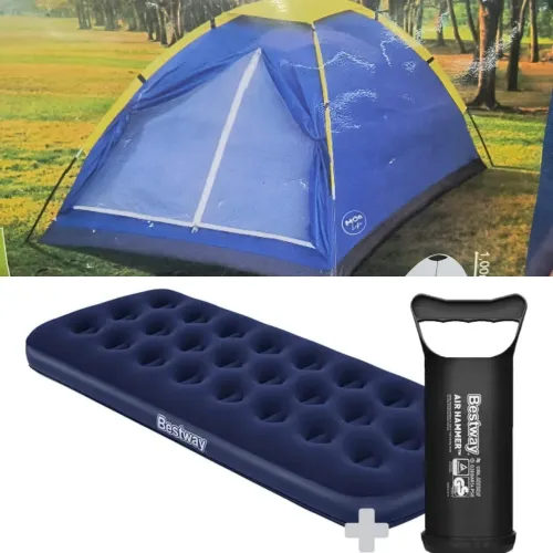 Barraca Tenda Camping + Colchão inflável Solteiro + Bomba manual - Viaje com Segurança!