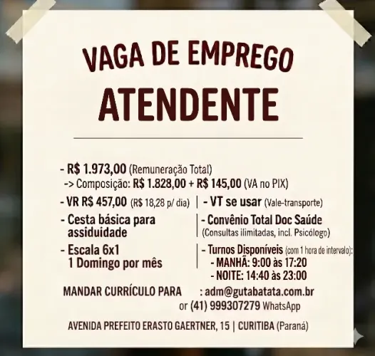 VAGA DE TRABALHO ATENDENTE - CABRAL/BACACHERI