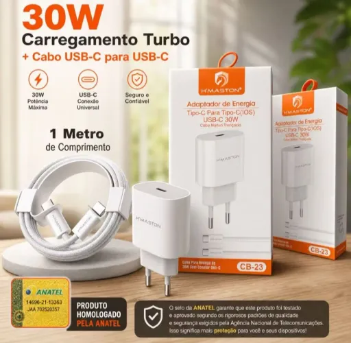 Carregador Turbo 30w iPhone (iOS) - Tipo C para Tipo C - H'maston CB23