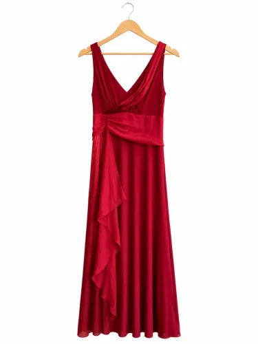 Vestido Longo Vermelho - Decote V com Detalhe em Cascata