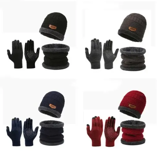 Kit 3 peças para o inverno unissex, chapéu de malha, cachecol, e luvas, ideal para o frio.