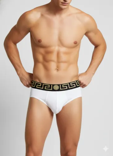 Cueca Versace Greca Border - Branca com Cintura Preta e Detalhes Dourados - Tamanho 5 - Us