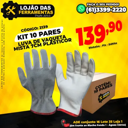 Kit 10 Pares Luva de Vaqueta Mista 7Cm Plasticor