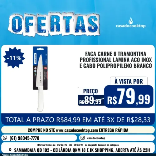 FACA CARNE 6" TRAMONTINA PROFISSIONAL LAMINA ACO INOX E CABO POLIPROPILENO BRANCO 24620186
