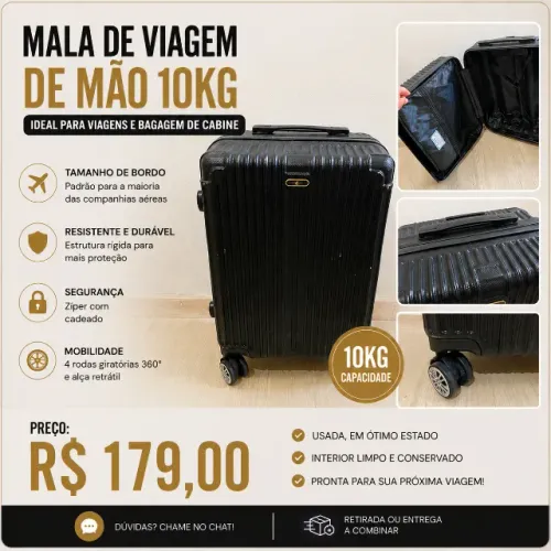 Mala de Viagem Bordo 10kg Preta 4 Rodas - Mala de Mão