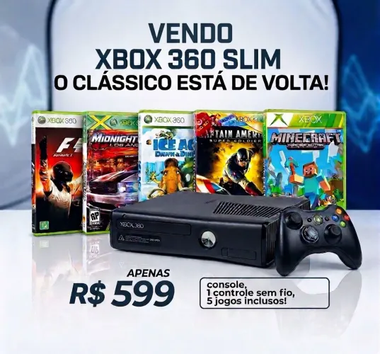 Xbox 360 Slim / Controle Original / 5 Jogos / Garantia