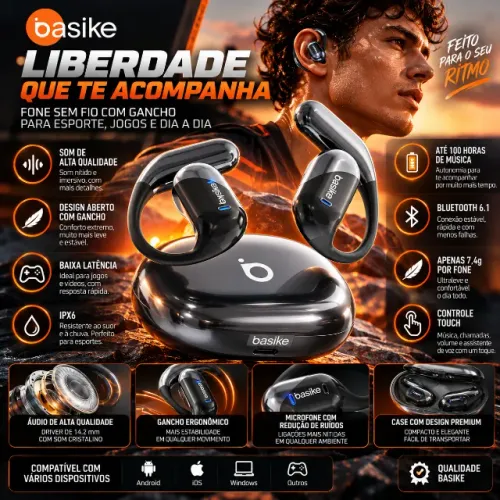 Fone Basike Bluetooth com Gancho IPX6 Baixa Latência