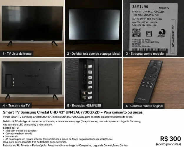Smart TV Samsung Crystal UHD 43? UN43AU7700GXZD - Para conserto ou peças