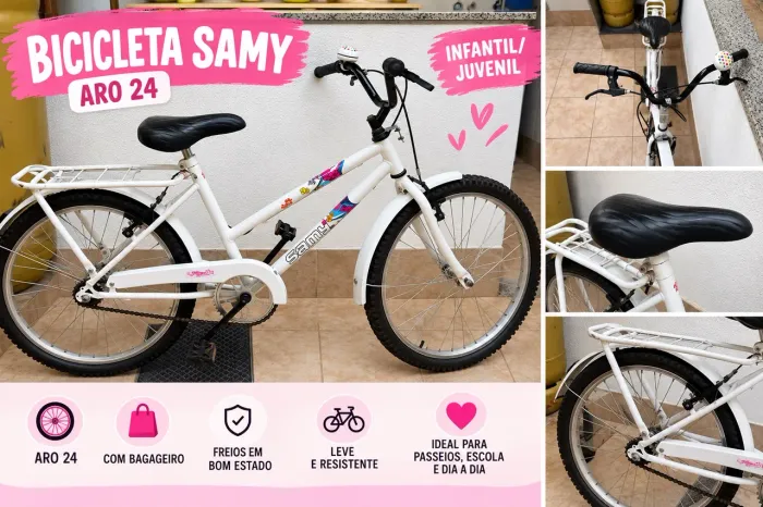 Bicicleta Samy Aro 24 Branca - Infantil/Juvenil com Bagageiro