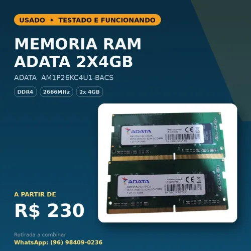 Kit Memória RAM 8GB (2x4GB) DDR4 2666MHz Notebook ADATA SO-DIMM
