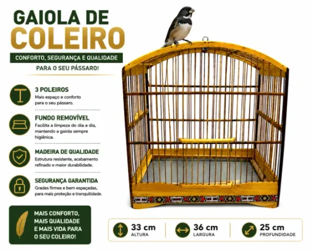 Gaiola de Coleiro 36x33x25 cm com Fundo Removível