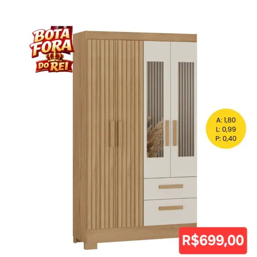PROMOÇÃO URGENTE - Guarda-Roupa Solteiro com 4 PORTAS, 2 GAVETAS e ESPELHO GRÁTIS Bege