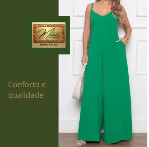 Macacão Pantalona Feminino Longo Plus Size com Bolso Alça Regulável Tecido Poliester