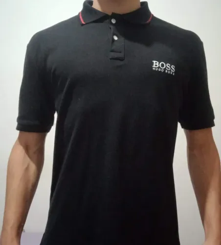 Camisa Boss Polo Preta Gola Alta Listra Vermelha Qualidade Alta