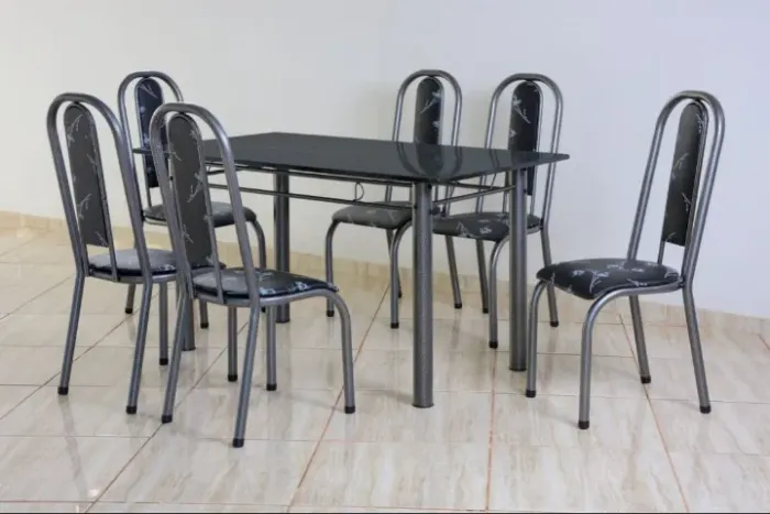 Mesa de Jantar Retangular com 6 Cadeiras Pedra Ardósia 140x75cm - JJ Moveis