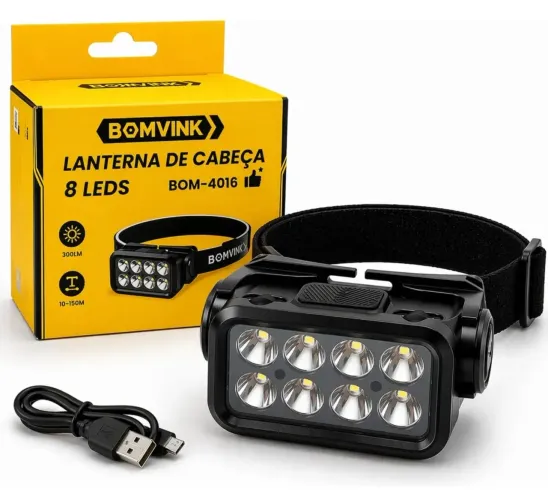 Lanterna De Cabeça 8 Leds Bom-4016 Recarregavel