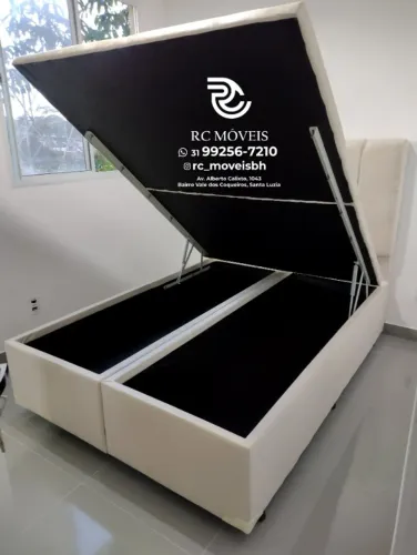 Conjunto cama box Baú Queen 1.58x1.98 Bipartido Blindado com Pistão a Gás