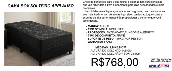 Cama box com colchão mola solteiro applauso - entrega inclusa