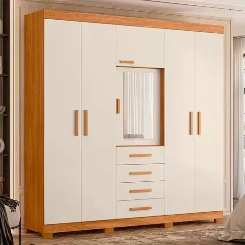 Guarda Roupa 6 Portas 4 Gavetas C/Espelho Freijó/Off White - Montagem Grátis