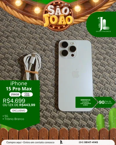 IPHONE 15 PRO MAX, 5G, 256GB, CHIP ESIM, SEMINOVO, EXCLUSIVO!