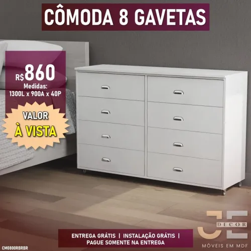 Cômodas 8 gavetas em mdf com rodinhas