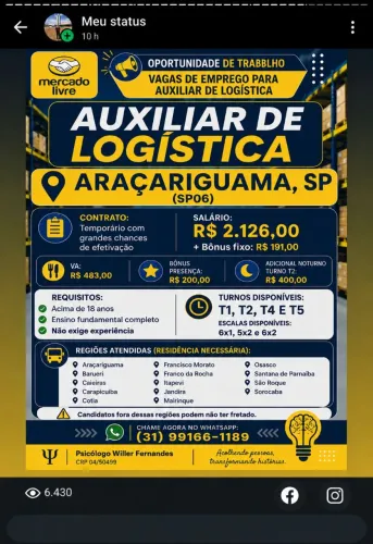 VAGAS MERCADO LIVRE - AUXILIAR DE LOGÍSTICA | ARAÇARIGUAMA/SP