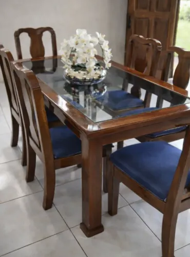 Mesa grande de jantar madeira maciça com tampo de vidro blindex