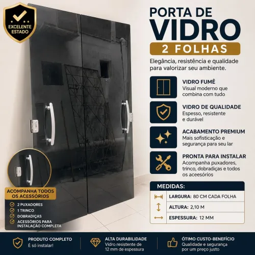 ? Porta de Vidro Temperado Fumê 12mm - 2 Folhas (80x2,10m) Completa com Acessórios