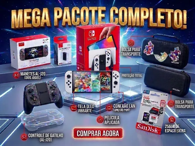 NINTENDO SWITCH OLED COM CAIXA E ITENS EXTRA