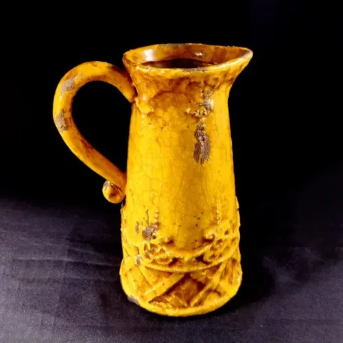 DECORAÇÃO RUSTICA - ANTIGA JARRA DE CERÂMICA AMARELA, COM PATINA CRAQUELADA
