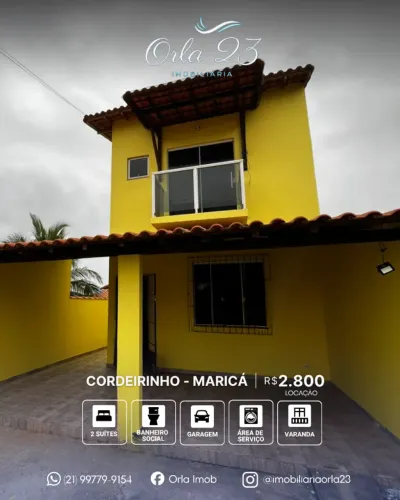 CORDEIRIHO, ORLA 23 IMOBILIÁRIA ALUGA! EXCELENTE CASA DUPLEX COM DUAS SUÍTES EM MARICÁ.