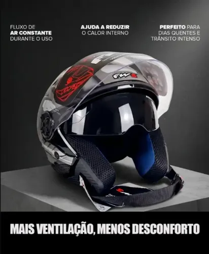 Capacete Aberto FW3 X OPEN Com Óculos Fume Interno FOX Grafite Tamanho 60