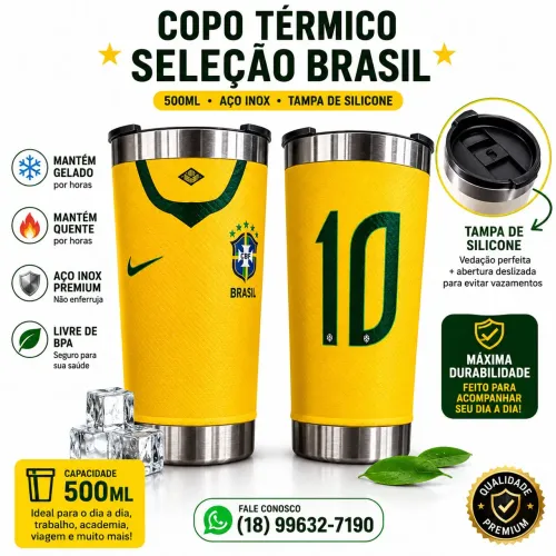Copo Térmico com tampa Personalizado do Brasil Seleção