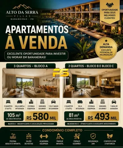 Apartamentos à venda a partir de R$ 493 mil | Alto da Serra Villas Bananeiras/PB REF: AP1