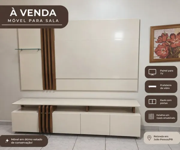 Rack com Painel para TV Off-White e Madeira - Conjunto Completo