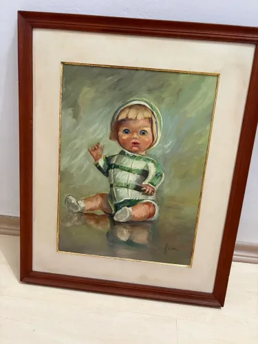 quadro de bebê menino pintado à mão com moldura