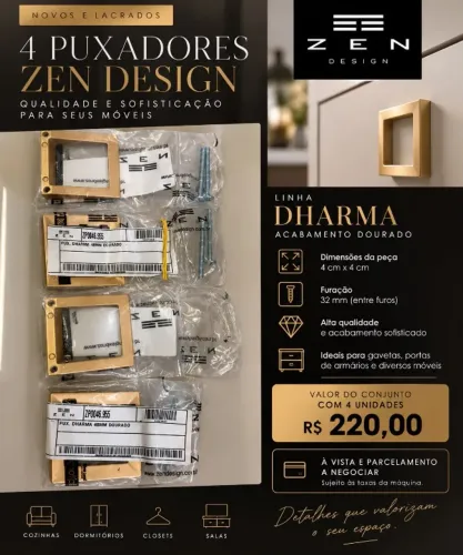 Kit com 4 puxadores Zen Design Dharma Dourado - NOVOS e LACRADOS