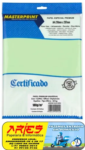 PAPEL OFFSET SULFITE OPALINE DIPLOMATA VERDE ESCURO A4 180G 50 FOLHAS MASTERPRINT