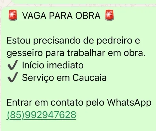 VAGA DE PEDREIRO PARA OBRA