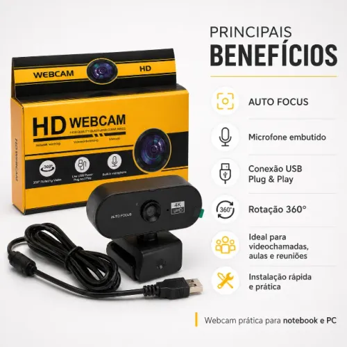 Webcam USB com Microfone, Auto Focus e Rotação 360° para PC e Notebook