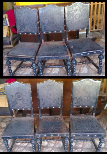 Conjunto SeisCadeiras Madeira nobre Assento Encosto Couro pirografado estilo manuelino* 